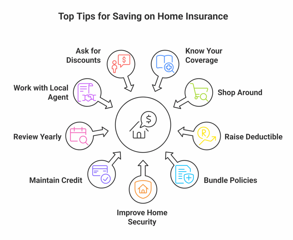 Infographic showing top tips to save on home insurance including bundling policies, raising deductibles, and improving security.